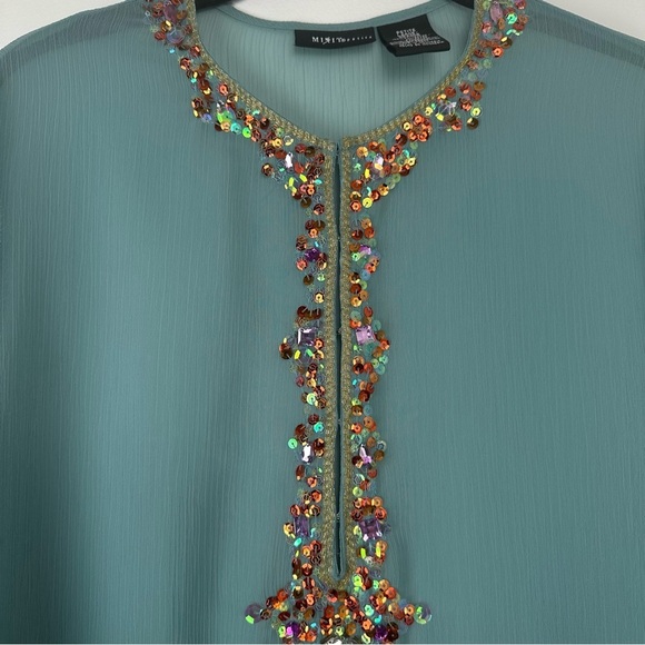 Mix it Petite Women's Top Size Large Green Sheer Embroidered Sequin Maximalist - Picture 3 of 10